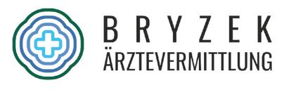 Logo Bryzek ärztevermittlung - po lewej stronie niebieski krzyż, w szarym i niebieskim okręgu. Po prawej stronie napis Bryzek ärztevermittlung.